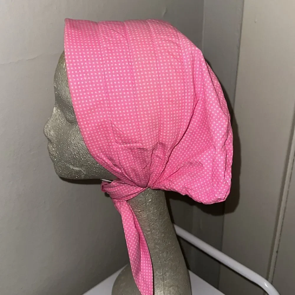 Vintage 60s bright pink with tiny white polka dots head cotton head scarf/bonnet